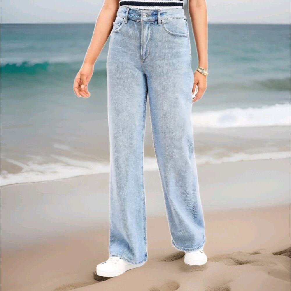 LOFT Women Jeans 31/12 Weathered Wash High Rise Wide Leg Denim Light Wash Indigo